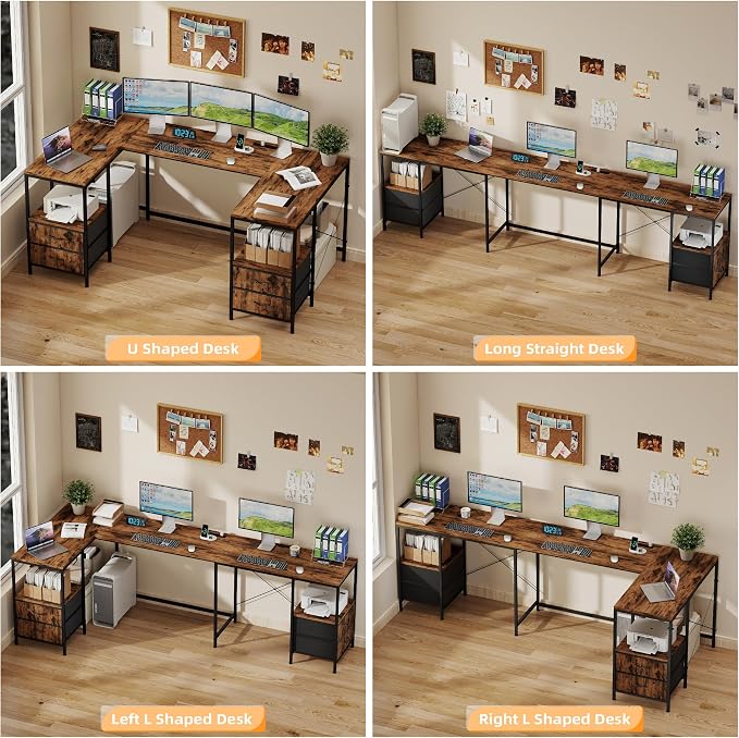 YOSHOOT 67" U Shaped Computer Desk, Reversible L Shaped Gaming Desk | Corner Desk with Power Outlets, 4 Drawers, 2 Storage Shelf, Computer Table with 4 Installation Methods, Rustic Brown - Image 4