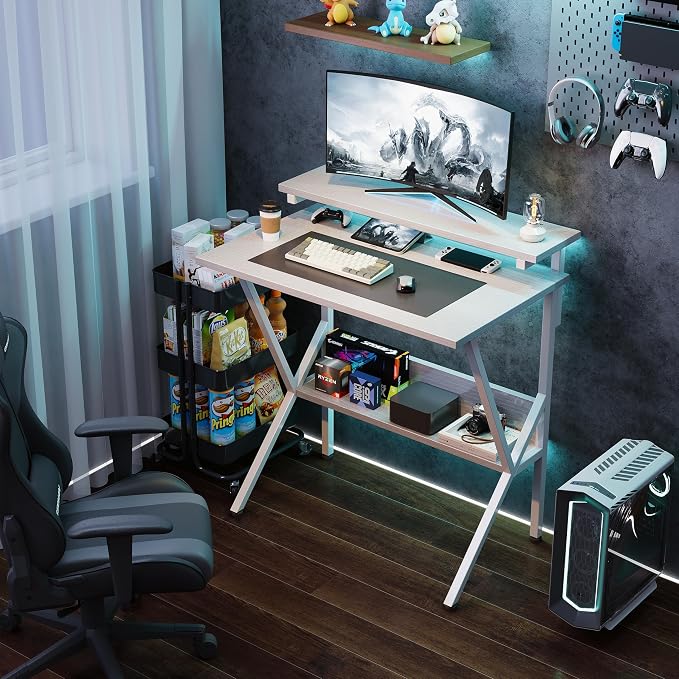COTUBLR Small Desk, 27.5 Inch Small Computer Desk for Small Spaces, Computer Desk with Adjustable Monitor Stand, Compact Desk with Storage, Tiny Desk Study Desk for Bedroom Home Office, White - Image 4