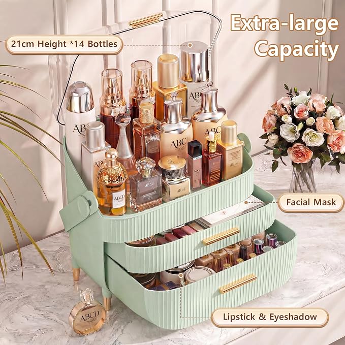 NestOrganix Makeup Organizer Skincare Organizers With Drawers | Cosmetic Display Cases with Transparent Cover, Skincare Organizers for Bathroom Countertop, Bedroom Vanity Desk, Green - Image 2