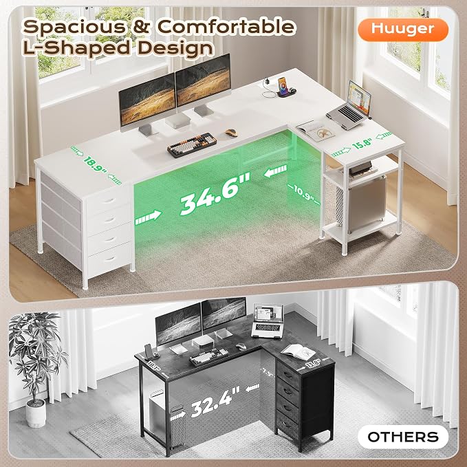 Huuger 63 Inch L Shaped Desk with Fabric Drawers, Reversible Computer Gaming Desk with Power Outlets and USB-C Port, Adjustable Side Storage Shelves, for Work Study Corner Home Office, White - Image 7