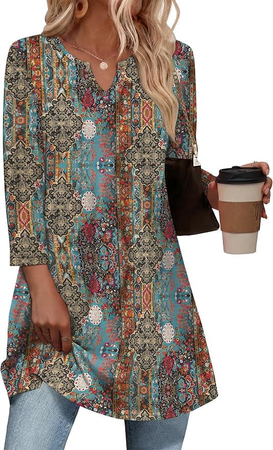 OFEEFAN Summer Boho Tops For Women 3/4 Length Sleeve Womens Tops Vacation Outfits - Image 2