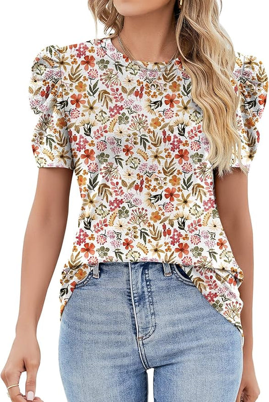 Ivicoer Puff Short Sleeve Shirt for Women Eyelet Tops Summer Crewneck Blouse Loose Fit S-XXL by Ivicoer