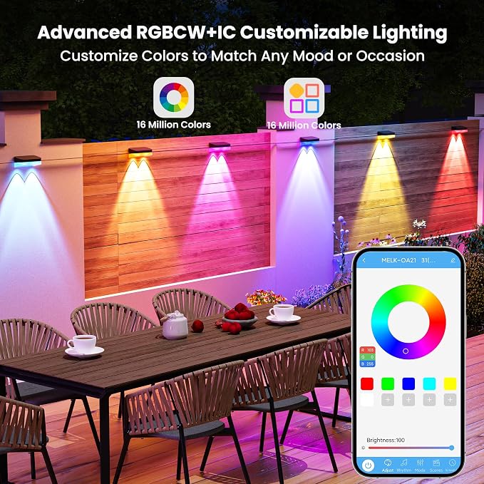Outdoor Fence Lights, 8 Packs Smart Outdoor Deck Lights RGBCW+IC, with App/Remote Control, Color Changing Lights for Fence, IP67 Waterproof for Backyard Railing Decor (50FT) - Image 3