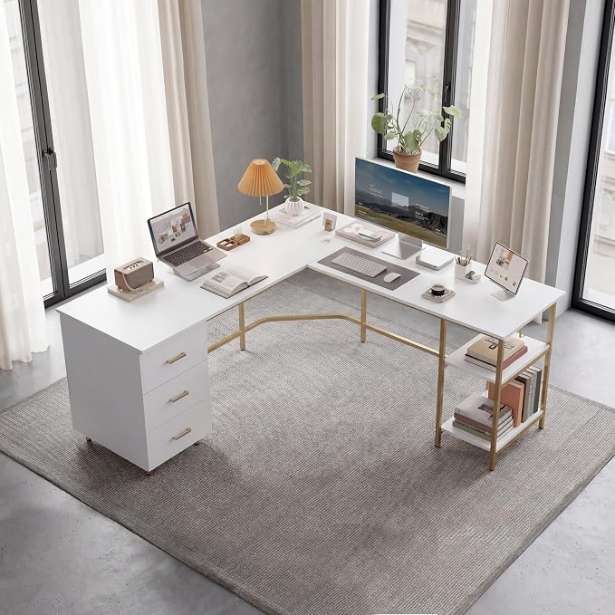 Techni Mobili 59" Two-Tone L‑Shaped Office Desk with Storage Shelves, Gold | 59" two‑tone L‑shaped desk with storage shelves, durable frame, modern corner workstation, spacious home office writing space - Image 2