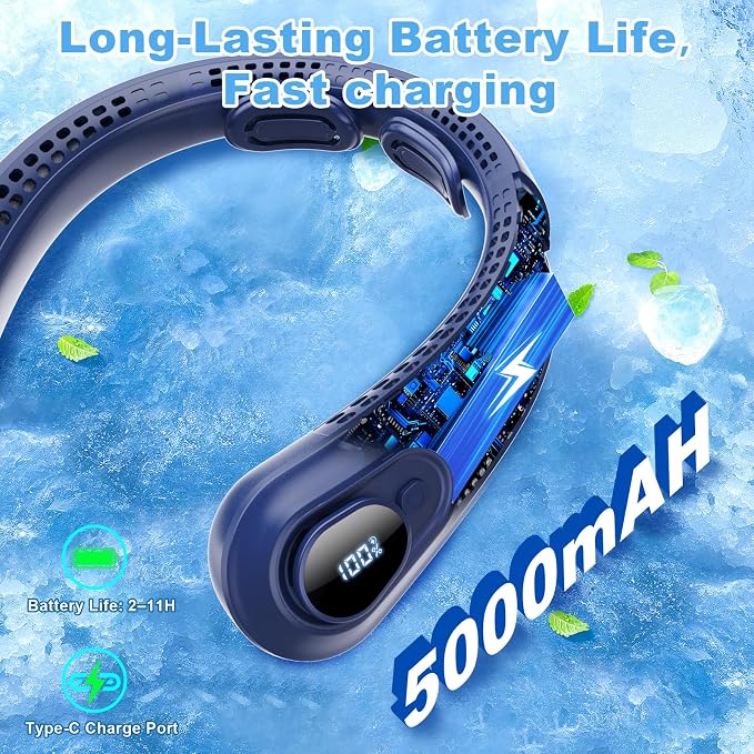 Portable Neck Fan Rechargeable - [with LED Display] 5 Speeds, 5000 mAh Battery Operated Wearable Personal Cooling Bladeless Fan for Outdoor Travel, Gifts for Men Women Kids,Dark Blue - Image 5