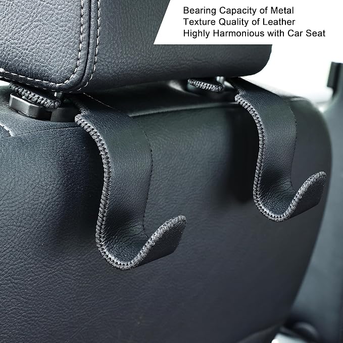 Amooca Car Seat Headrest Hook 4 Pack Metal Core Hanger Universal Car Storage Organizer for Handbag Purse Coat S Type Leather Black - Image 3
