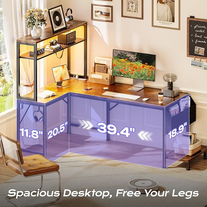 PRAISUN L Shaped Gaming Desk with LED Lights & Power Outlets, Reversible Computer Desk with Storage Shelves & Bag, Large Corner Home Office Desk with Pegboard for Work from Home, Rustic Brown - Image 5