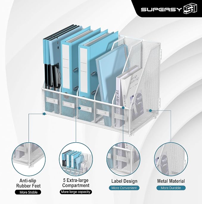 SUPEASY Desk Organizers Metal Desk Magazine File Holder with 5 Vertical Compartments Rack File Organizer for Office Desktop, Classroom, Home Workspace, White Plus - Image 5