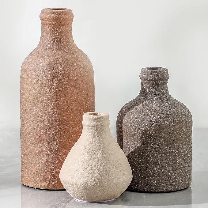Ceramic Vase Set of 3, Vases Home Decor, Decorative Vases for Table, Boho Flower Vase Modern Neutral Vases for Room Decor, Table, Mantel,Entryway Living Room Kitchen Bedroom Bathroom - Brown by ooit