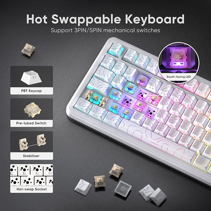 RedThunder K75 Wireless Mechanical Keyboard, CNC Knob, Tri-Mode BT5.0/2.4GHz/USB-C Hot Swappable Custom, Pre-lubed Linear Coconut Switches, Gasket Structure, RGB Gaming Keyboard, White Contour Lines - Image 6