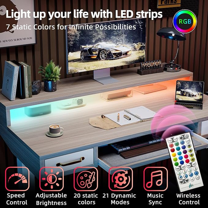 TIQLAB Standing Desk with Two Drawers, Stand Up Standing Desk Adjustable Height, Electric Sit Stand Table with Storage Shelf and Splice Board, with LED Light, 47 * 28 inch, Light Walnut - Image 4