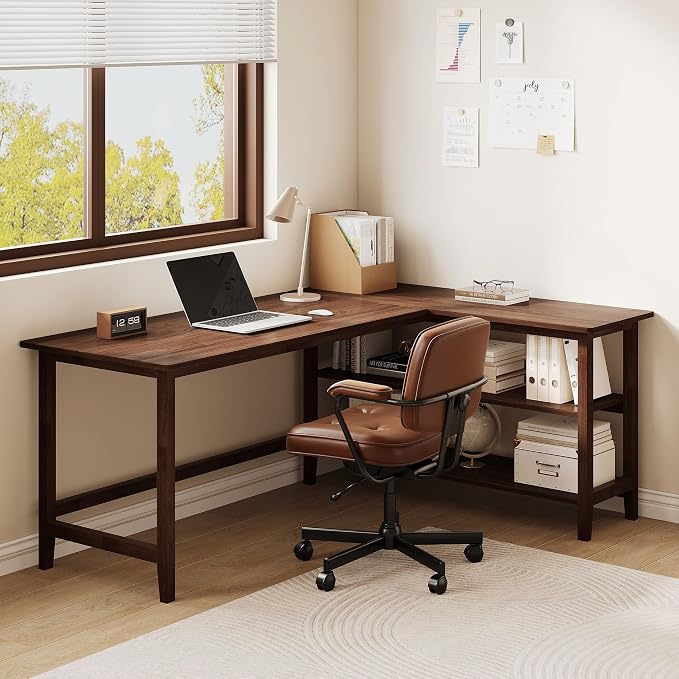 IOTXY Reversible L-Shaped Office Desk - 63" Extra Large Corner Computer Table with Storage Shelves, Solid Wood Legs, Home Writing & Study Workstation, Walnut - Image 8