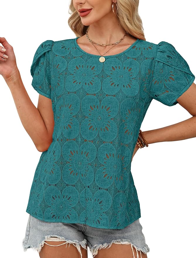 OFEEFAN Blouses for Women Dressy Casual Petal Short Sleeve Shirts Crochet Lace Boho Tops Spring Fashion Summer Outfits - Image 3