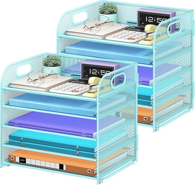 Cawukege 2 Pack 5 Tier Paper Organizer, Letter Tray with Handle, Mesh Desk Organizer, Metal File Organizer, Office Desk Accessories for Home, Office, Classroom, School -Blue by Cawukege