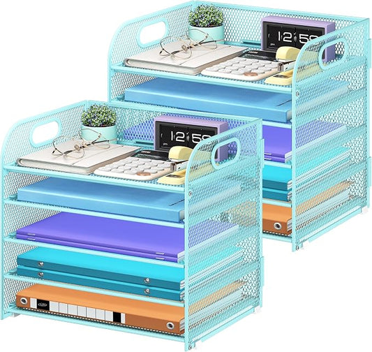 Cawukege 2 Pack 5 Tier Paper Organizer, Letter Tray with Handle, Mesh Desk Organizer, Metal File Organizer, Office Desk Accessories for Home, Office, Classroom, School -Blue by Cawukege