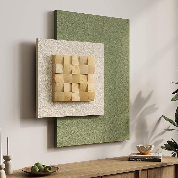 Cuspin Large 3D Wood Green Wall Art for Living Room, Modern Minimalist Sage Green Textured Wall Decor, Abstract Geometric Natural Wooden Block Artwork for Bedroom Dining Room Hallway Home Office by Cuspin
