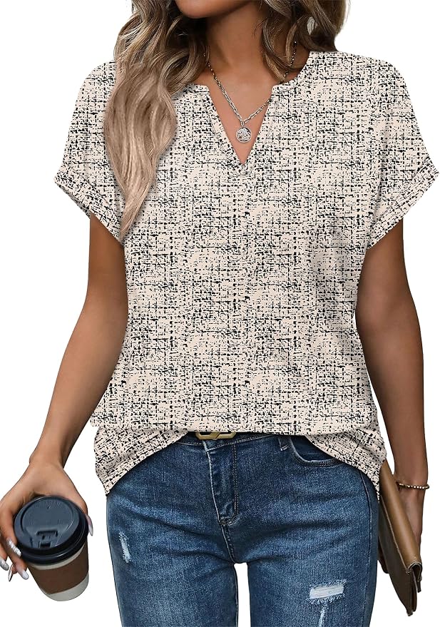 Womens Tops Dressy Casual V Neck Rolled Sleeve T Shirts Fashion Clothing Business Casual Outfits Beach Vacation Clothes by XIEERDUOFASHION