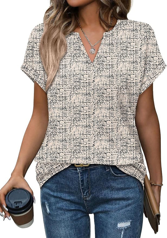 Womens Tops Dressy Casual V Neck Rolled Sleeve T Shirts Fashion Clothing Business Casual Outfits Beach Vacation Clothes by XIEERDUOFASHION