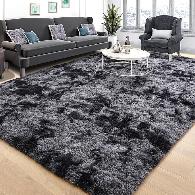 Tepook Soft Fluffy Area Rug for Bedroom, Modern Shaggy Rugs for Living Room, 3x5 Fuzzy Rug for Kids Boys Girls Room, Plush Indoor Nursery Home Decor Rug with Non-Slip Bottom, Tie-dye Dark Grey by Tepook