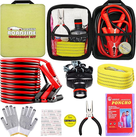 Emergency Roadside Kit for Car With Jumper Cables, Gift for New Drivers | Car Emergency Kit Easy to Carry with Headlamp Tow Rope, Gloves, Pliers, for Breakdowns, Travel for Women and Man Teen Boys by LIANXIN