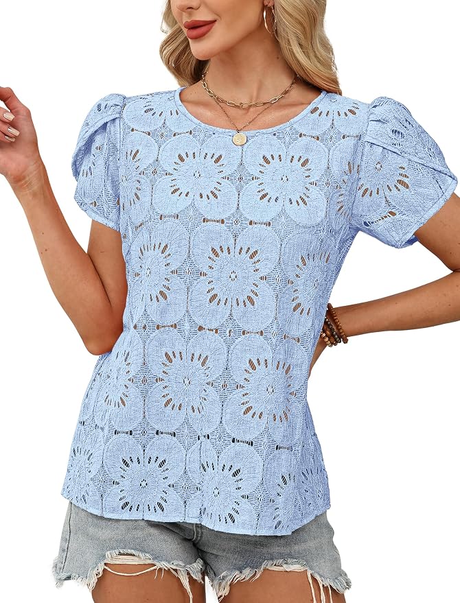 OFEEFAN Blouses for Women Dressy Casual Petal Short Sleeve Shirts Crochet Lace Boho Tops Spring Fashion Summer Outfits - Image 3