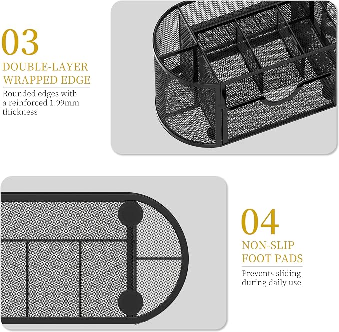 Mesh Desk Organizer with Drawer, 9-Compartment Pen Holder for Desk, Black | Pull-Out Drawer Stores Pens, Pencils, Clips, Notes, and Small Office or School Supplies in One Compact Desk Caddy - Image 6
