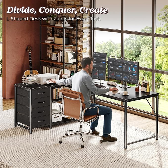 PRAISUN 61" L Shaped Desk with Power Outlets & USB-C Port, Reversible Computer Corner Office Desk with 4 Fabric Drawers and 2 Storage Shelves, Large Desk for Gaming Writing Study, Black - Image 2