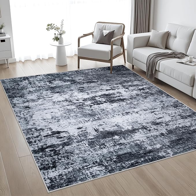 4x4 Area Rug Living Room Rug: Washable Modern Abstract Soft Thin Rug Indoor Floor No Slip Stain Resistant Carpet for Bedroom Dining Room Farmhouse Nursery Home Office - Black - Image 2