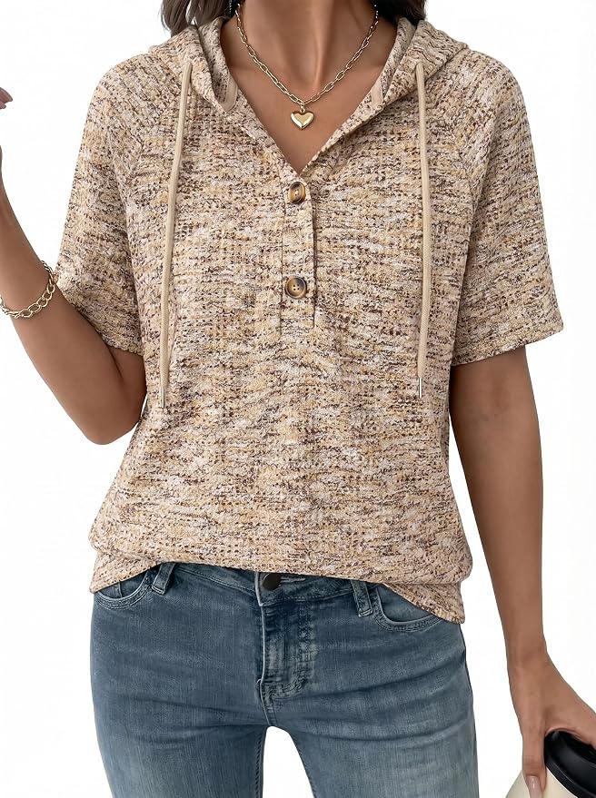 Dokotoo Womens Summer Tops 2026 Short Sleeve Button V Neck Waffle Knit Lightweight Drawstring Hoodies Casual Blouses Shirts by Dokotoo