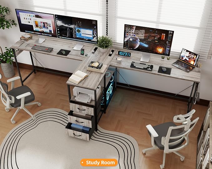 YOSHOOT 2 Person Computer Desk, 87" Long Gaming Desk for 2 People | Double Desk with 3 Fabric Drawers and 2 Power Outlets, Home Office Table for Adults and Teenagers, Grey - Image 2
