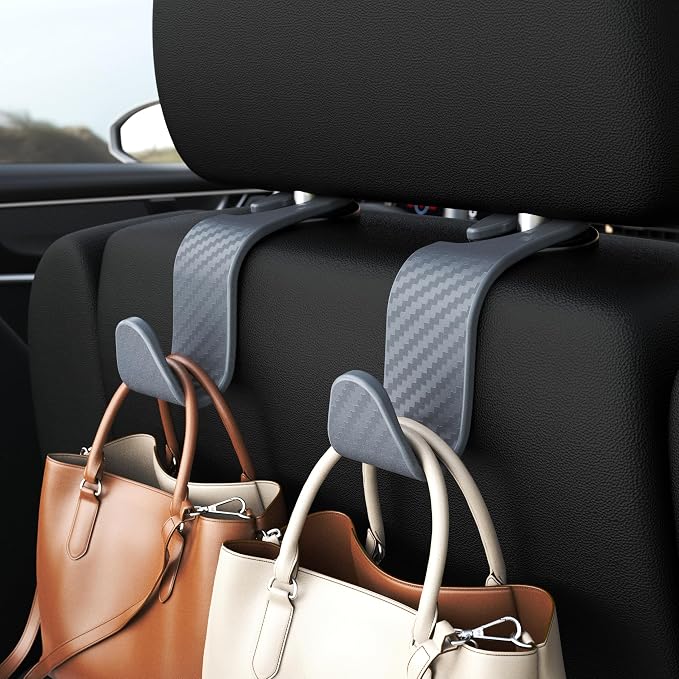 Amooca Car Seat Headrest Hook 4 Pack Hanger Universal Vehicle Car Storage Organizer for Handbag Purse Coat S Type Checkered Grey - Image 2