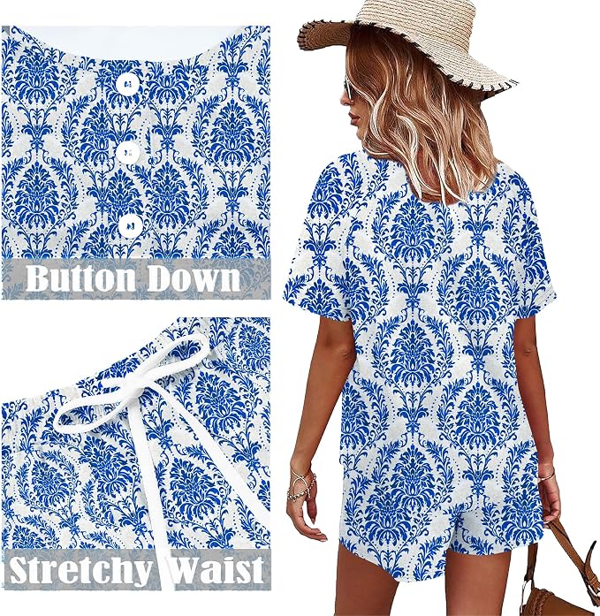 WIHOLL Two Piece Outfits for Women Lounge Sets Button Down Top and Shorts Set Sweatsuits with Pockets - Image 4