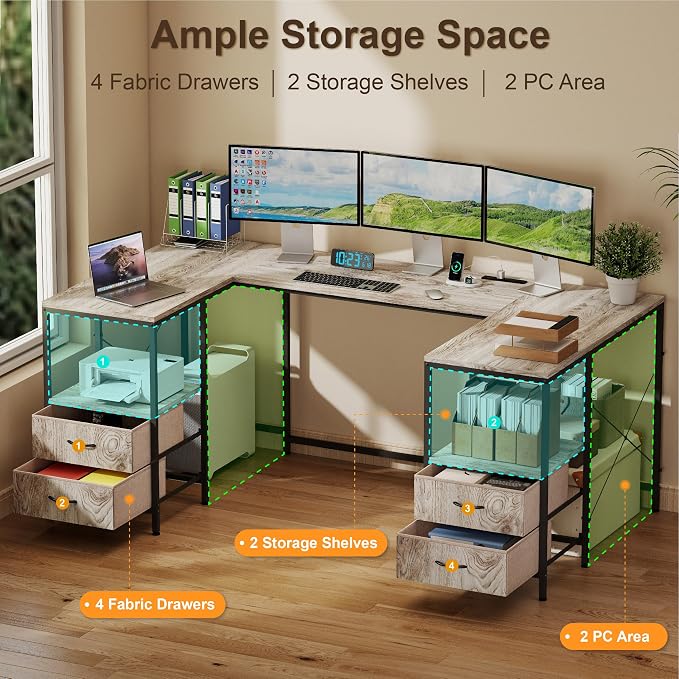 YOSHOOT 67" U Shaped Computer Desk, Reversible L Shaped Gaming Desk | Corner Desk with Power Outlets, 4 Drawers, 2 Storage Shelf, Computer Table with 4 Installation Methods, Grey - Image 5