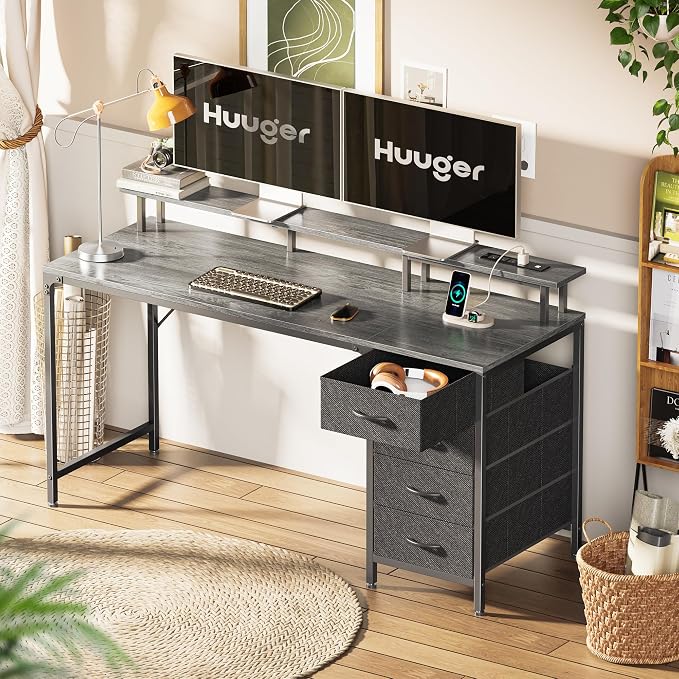 Huuger 55 Inch Computer Desk with Power Outlets and LED Lights, Gaming Desk with 4 Drawers, Office Desk with Monitor Stand, Study Work, Home Office, Gray - Image 8