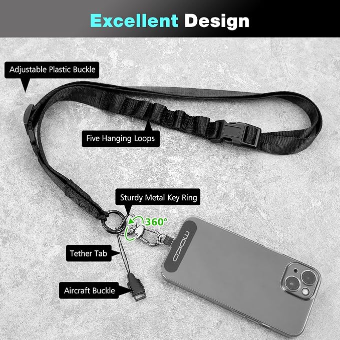 MoKo Universal Phone Lanyard, Nylon Adjustable Cell Phone Crossbody Strap Detachable Women & Men Cellphone Lanyards Around the Neck with Patches for iPhone, Most Smartphones, Black - Image 2