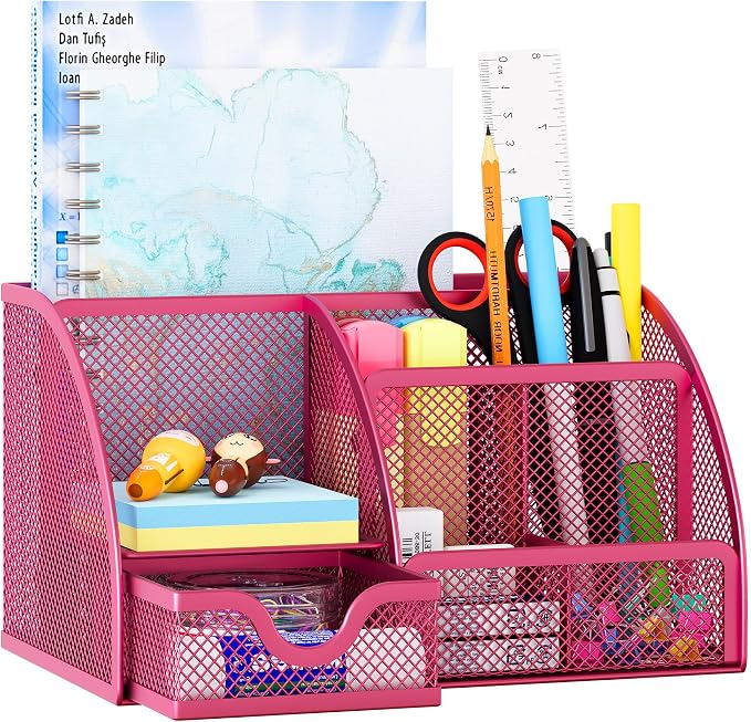 EasyPAG Mesh Desk Organizer with Drawer Multi-functional Pen Holder Stationery Organizer for Office School Supplies 6 Compartments Dorm Organizers and Storage for Desk, Hot Pink by EasyPAG