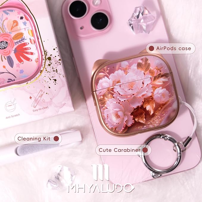 for AirPods 4 Case with Cleaning Kit, Cute Cat Ear Print Design & Cute Buckle, Inverted Phone Holder Design, Top Safe Lock Buckle Design, for Girls AirPods 4 case 2024, Rose Gold Peony - Image 7