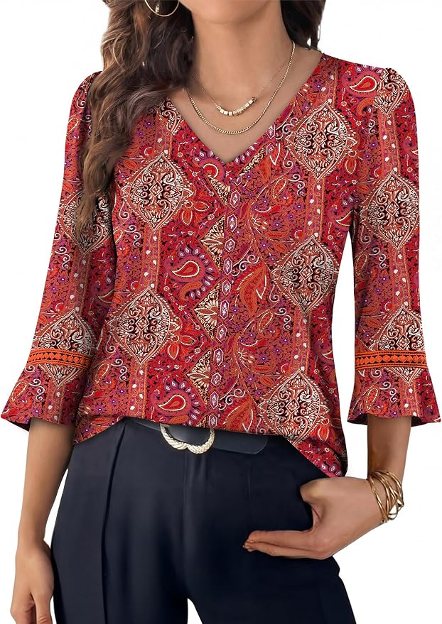 WIHOLL Womens Blouses Dressy Casual 3/4 Length Sleeve Tops Lace Trendy 2026 Spring Summer V Neck Shirts Vacation Outfits - Image 2