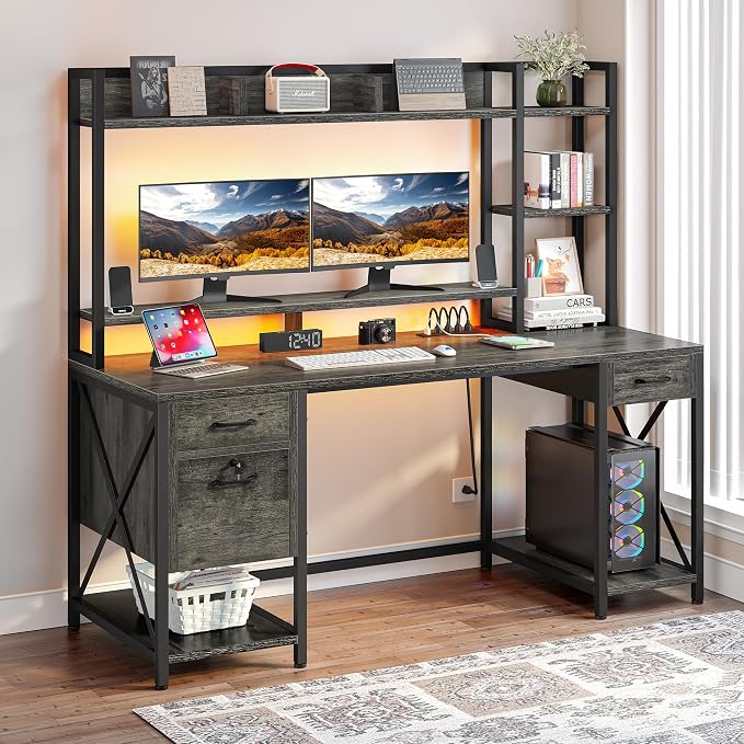 DWVO Computer Desk with Drawers & Hutch, 59.1" Office Desk with Power Outlets & LED Lights, Home Office Desk with Storage Shelves, Grey | Built-In Power Outlets, Led Lights, Hutch Shelves, Storage Drawers, for Home Office Work Study, Easy Assembly by DWVO