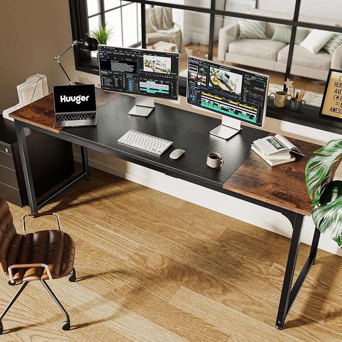 Huuger Computer Desk, 70 Inch Office Desk, Gaming Desk with Storage, Writing Desk Work Desk for Home Office, Study, Long Simple Desk, Large Legroom, Metal Frame, Rustic Brown and Black - Image 6