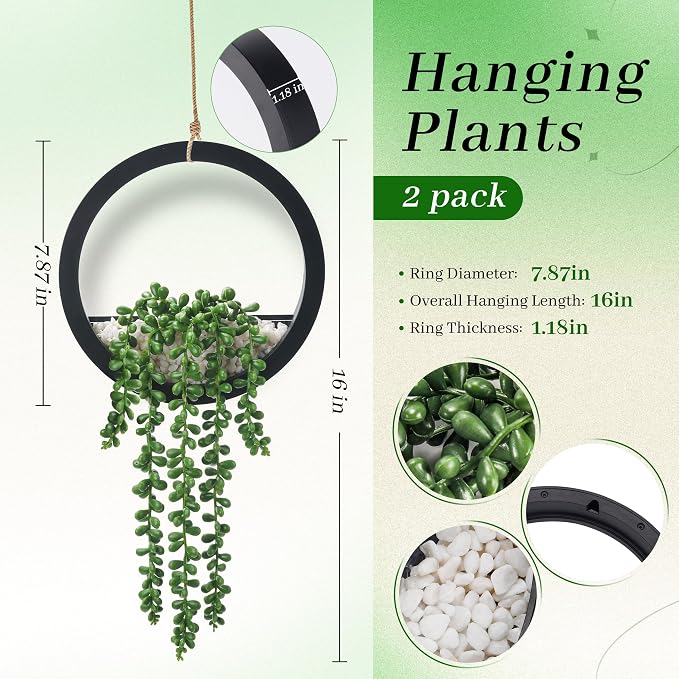 Der Rose 2 Pack Fake Plants Hanging Artificial Succulents Plants in Black Pots for Living Room Bathroom Accessories Boho Farmhouse Wall Decor - Image 3