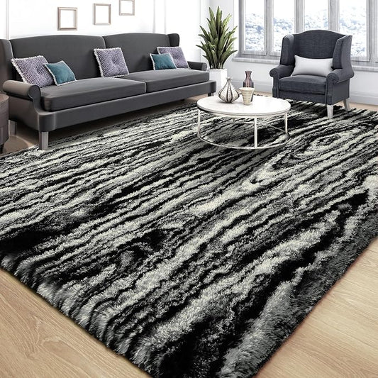 Tepook Soft Fluffy Rugs for Living Room, 5x8 Shaggy Area Rug for Bedroom, Modern Shag Rug Fuzzy Carpets for Kids, Plush Indoor Nursery Home Decor Rug with Non-Slip Bottom, Black White by Tepook