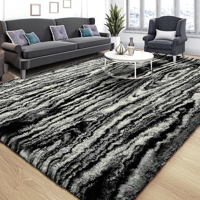 Tepook Fluffy Large Rugs for Living Room, 8x10 Area Rugs for Bedroom, Modern Shag Fuzzy Carpets for Kids Boys Girls, Plush Indoor Nursery Home Decor Rug with Non-Slip Bottom, Black White - Image 2