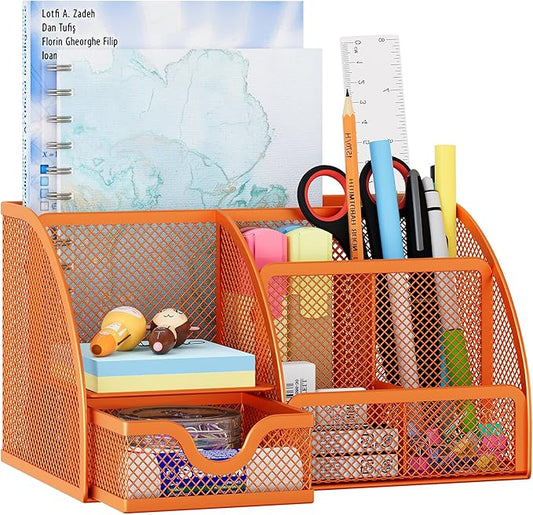 EasyPAG Mesh Desk Organizer with Drawer Multi-functional Pen Holder Stationery Organizer for Office School Supplies 6 Compartments Dorm Organizers and Storage for Desk, Orange by EasyPAG
