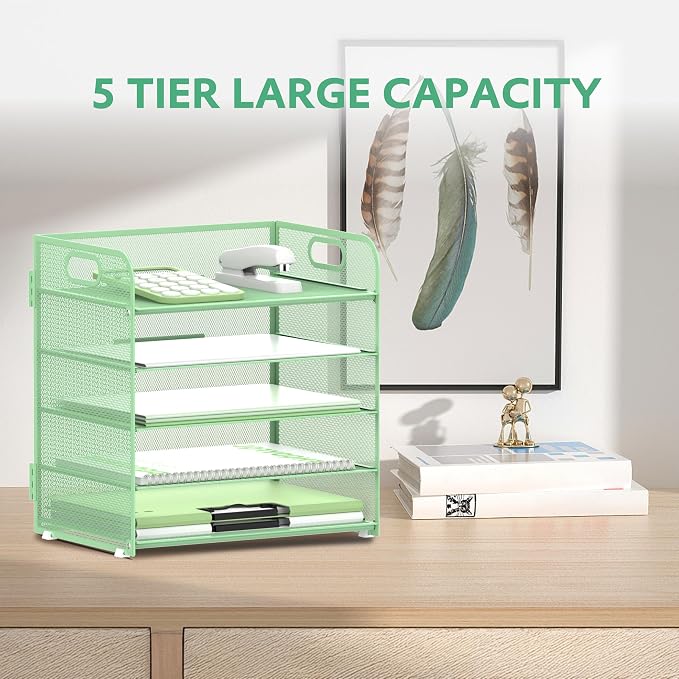 Supeasy 5 Trays Paper Organizer Letter Tray with Handle-Mesh Desk File Holders, Paper Sorter Desk Organizer for Office, Home, Classroom or School(Mint Green) - Image 4