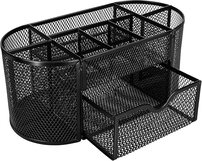 Amazon Basics Mesh Desk Organizer with Pen Holder, Pullout Drawer and Office Caddy Storage, 9.25" x 4.53" x 3.94", Black - Image 2