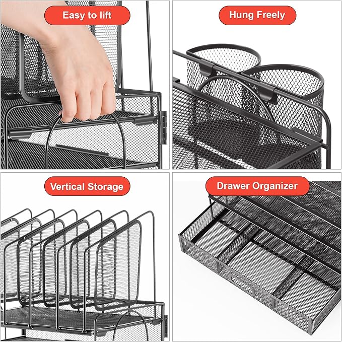 Marbrasse Desk organizer with Drawer, 4-Tier Mesh File Organizer with 5 Vertical File Holders and 2 Pen Holders, Multifunction Desktop Organizer,Desk Organizers and Accessories for Home Office - Image 2