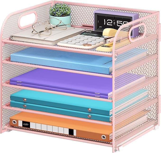 Cawukege 5 Tier Paper Organizer with Handle, Pink Metal Mesh Desk Organizer File Folder Paper Letter Tray Desktop Document Sorter for Classroom, School, Office Accessories Organization and Storage by Cawukege