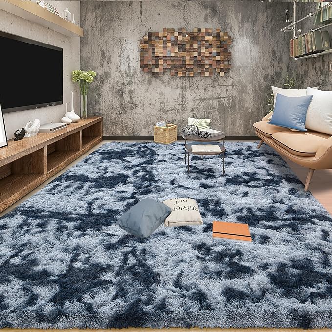 Tepook Fluffy Large Rugs for Living Room, 8x10 Area Rugs for Bedroom, Modern Shag Rug Fuzzy Carpets for Kids Boys Girls, Plush Indoor Nursery Home Decor Rug with Non-Slip Bottom, Tie-dye Dark Blue by Tepook