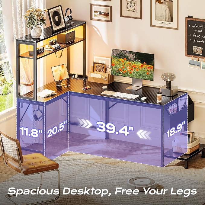 PRAISUN L Shaped Gaming Desk with LED Lights & Power Outlets, Reversible Computer Desk with Storage Shelves & Bag, Large Corner Home Office Desk with Pegboard for Work from Home, Carbon Fiber Black - Image 5